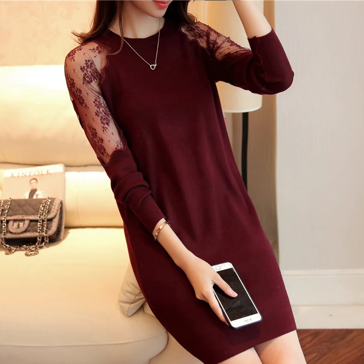

Autumn Winter Elegant Sweater Dress O-Neck Patchwork Lace Femininos Vestidos Long Sleeve Casual Warm Slim Dresses