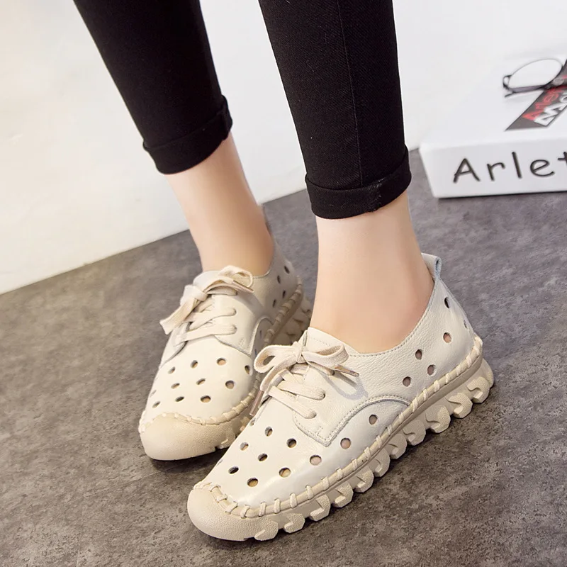 

Genuine Leather Sandals Womens Hollow Out Breathable Hole Shoes Large 41 Spring Real Leather Sandals Cowhide Shoes Woman 1708
