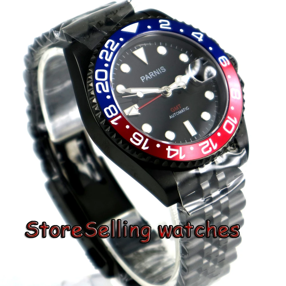 

40mm Parnis Black Dial Bezel PVD CASE PVD Jubilee Style Strap GMT date window automatic mens watch