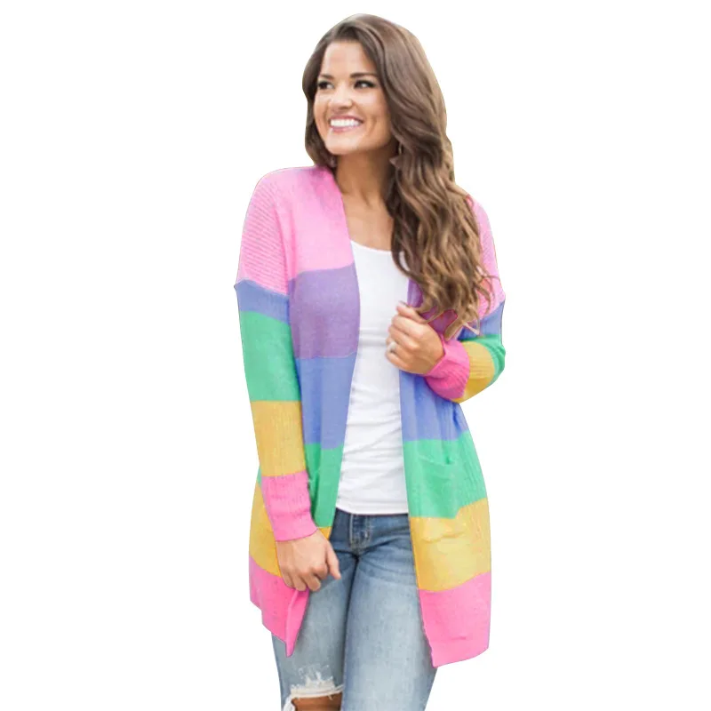 LOSSKY Rainbow Sriped Patchwork Autumn Long Cardigan Casual Loose Long Sleeve Women Winter Knitted Sweater Coat Outwear Jumpers 