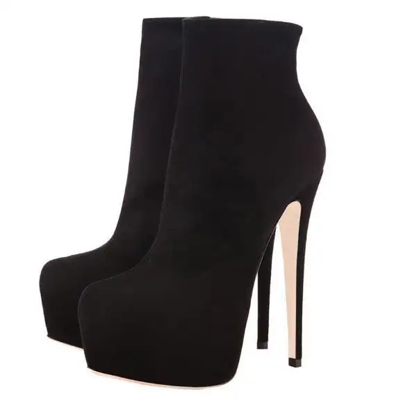 

Woman black flock high platform round toe high heel ankle boots Fashion super high thin heels short boots High heel shoes
