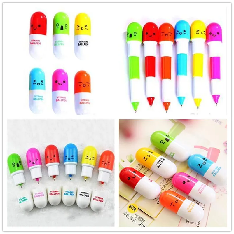 

New 1 Pc Cute Smiling Face Telescopic Vitamin Capsule Ballpen Pill Ball Point Pen Pencils for School