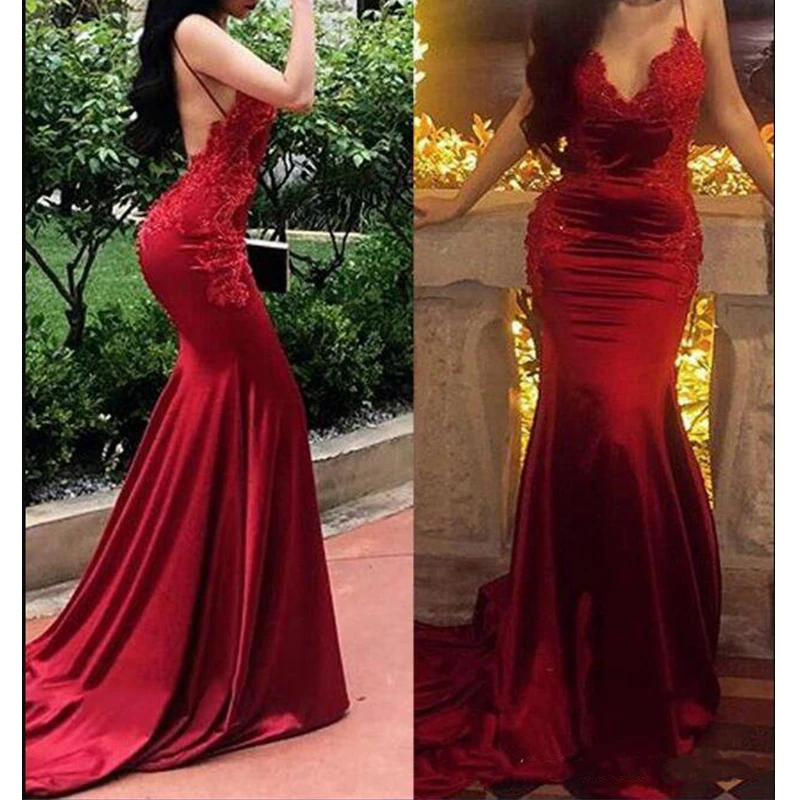 

Custom Made Mermaid V Neck Sweep Train Red Backless Prom Dresses Appliques Lace Backless Evening Formal 2021