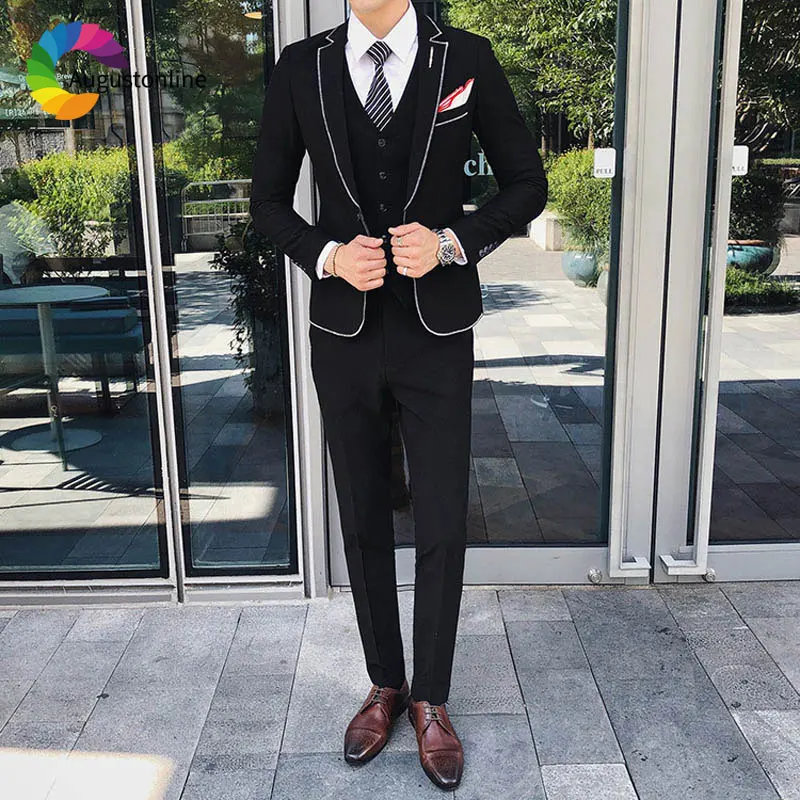 Elegent Black Men Suits White Lapel Slim Fit Prom Wear Wedding Suits for Men Groom Tuxedos Man Blazer Jacket Pants Vest 3 Piece