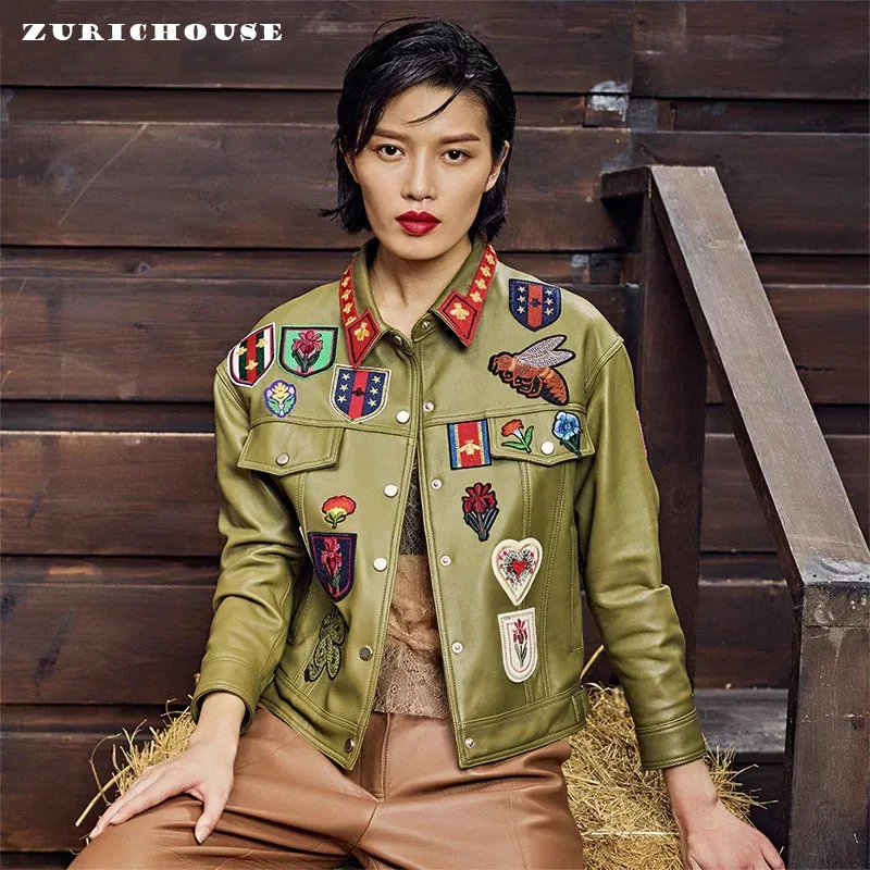 

Genuine Leather Jacket Women High Designer Tiger Embroidery Patch Real Sheepskin Coat 2019 New Fashion Slim Short Biker Jacket