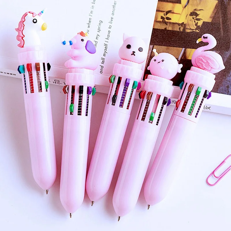 

1pc Cute Cartoon Creative 10 Colors Unicorn Flamingo Ballpoint Pen Silica Rainbow Cartoon Ball Pen Multicolor Pen For Kids Gift