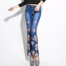 Весна Лето бусины для женщин расклешенные джинсы с вышивкой, женские модные Стрейчевые осенние вышивальные джинсовые брюки