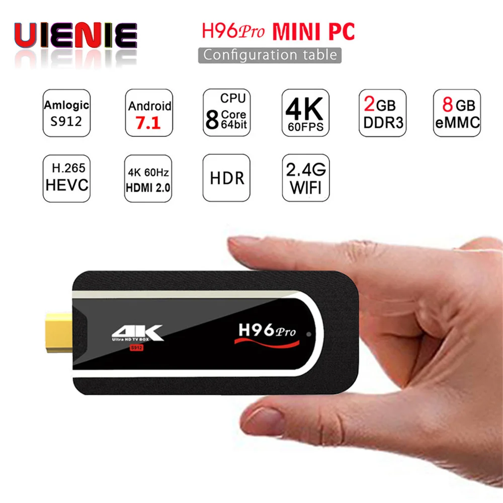 

H96pro Mini PC S912 2G 8G 64bit Android 7.1 2.4GWifi 4K HDMI TV Stick chromecast BT4.1 Full-HD h96pro plus android smart tv box