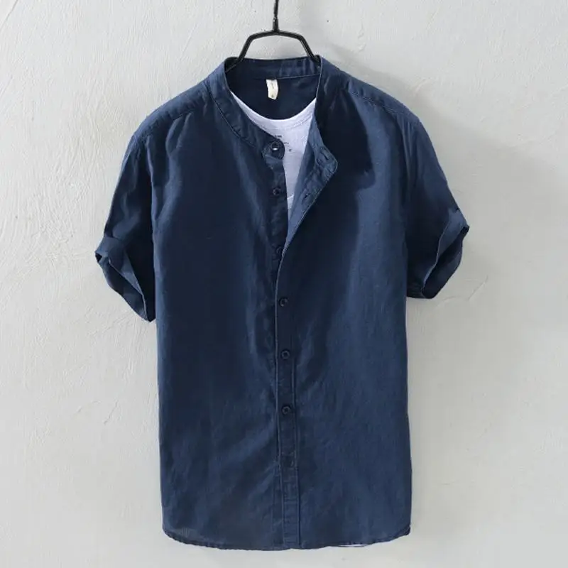 Navy blue Мода мужские льняные рубашки с коротким рукавом и стоячим воротником повседневные мужские хлопчатобумажные рубашки мужские тонкие однотонные топы Мужские рубашки - Цвет: Navy blue