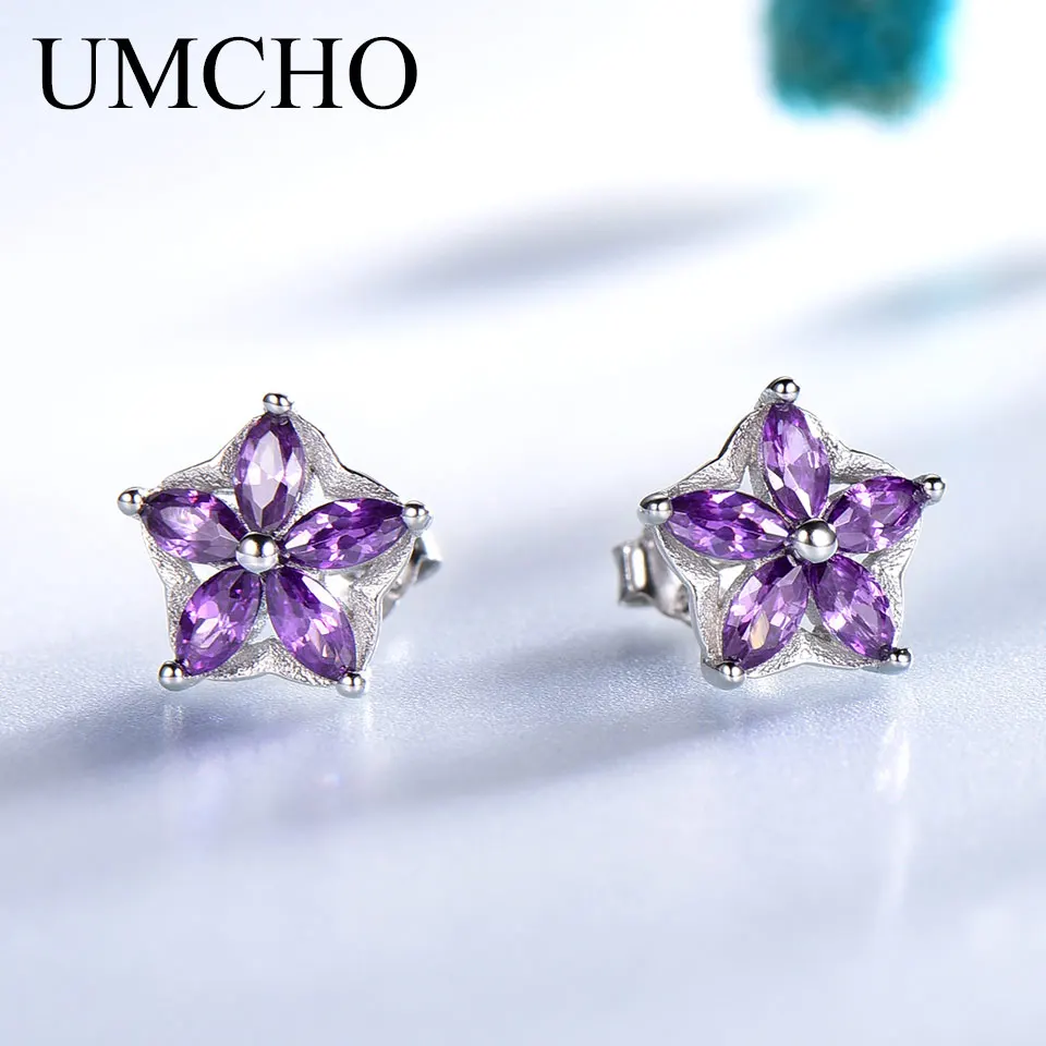 

UMCHO Real 925 Sterling Silver Jewelry Created Nano Amethyst Stud Earrings Romantic Flower Earrings For Women Birthday Gift