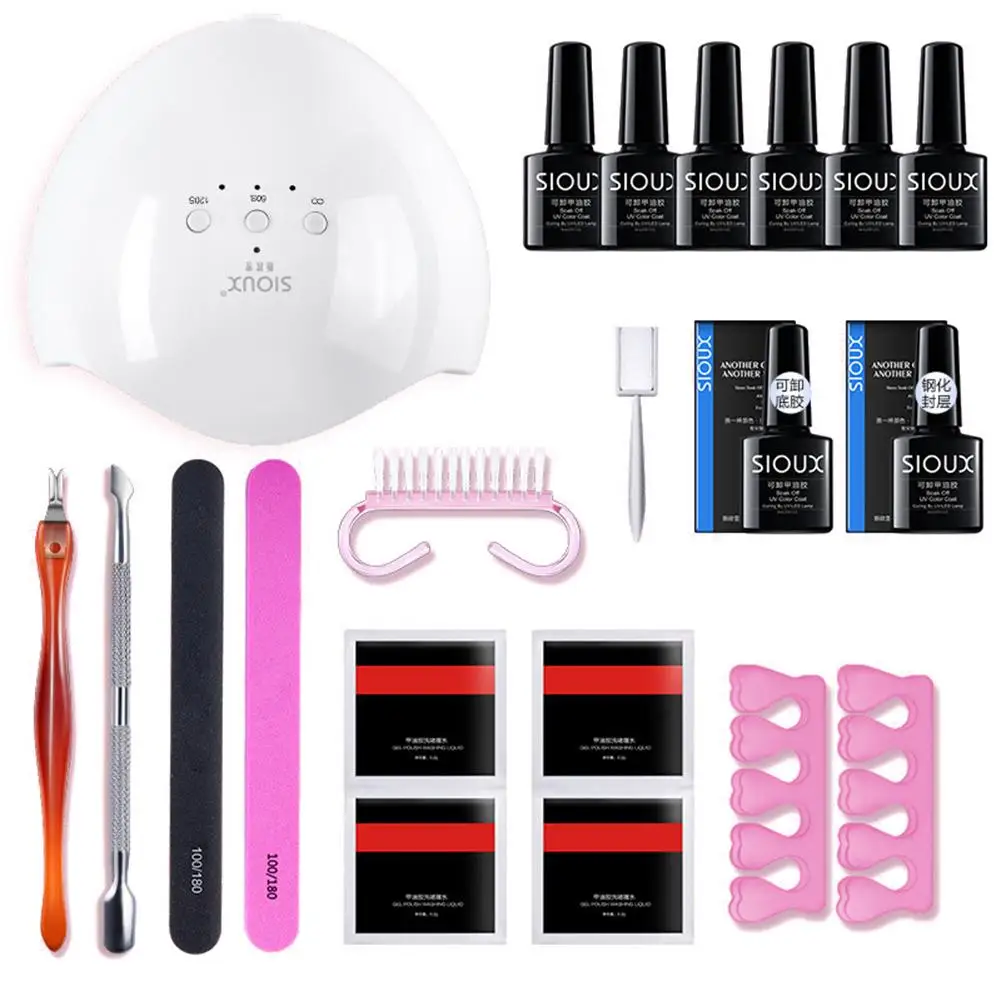 

New Base Top Coat Gel Polish Sand Bar Pusher Dead Skin Fork UV Lamp Nail Art Set