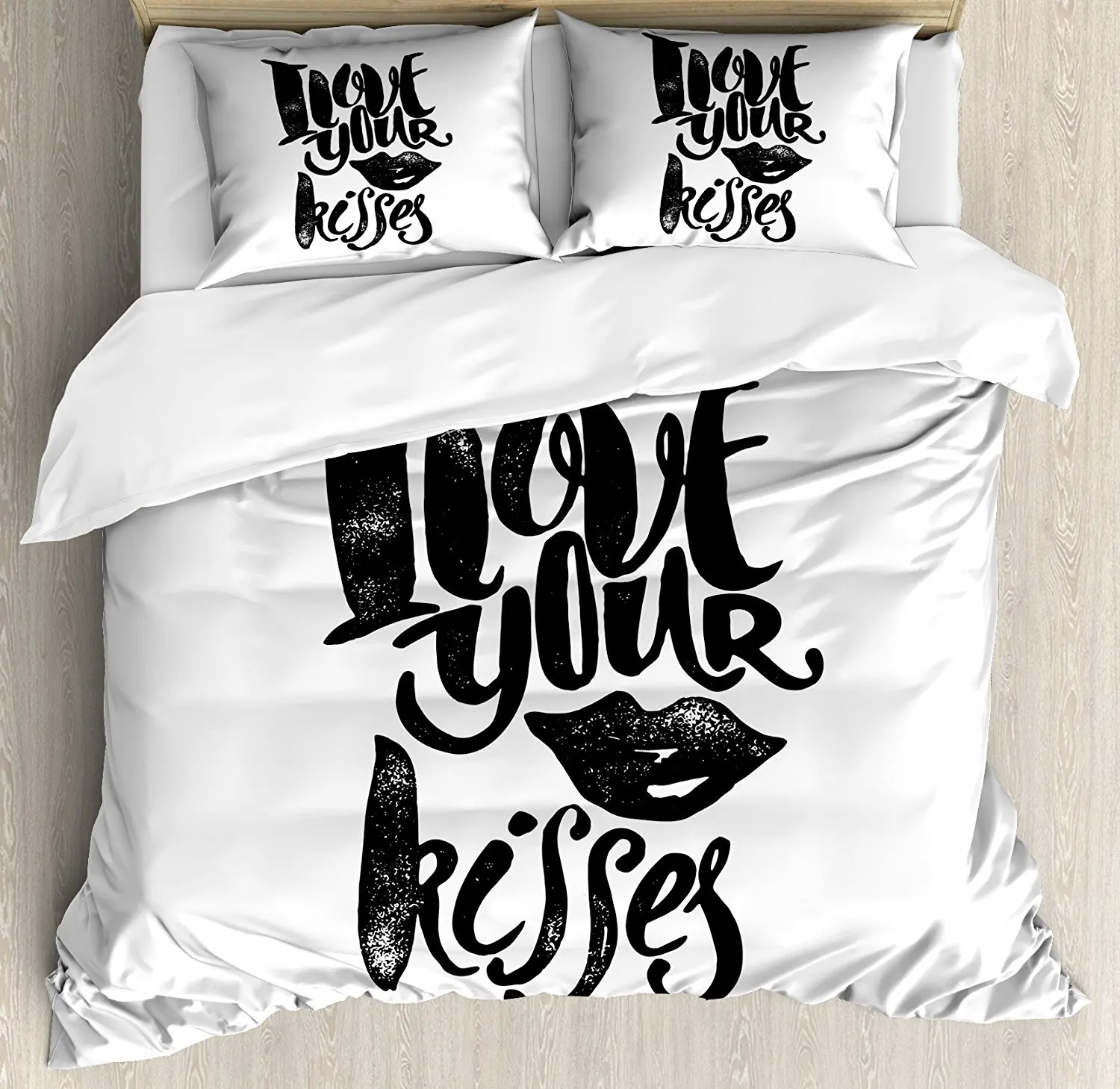 

Romantic Duvet Cover Set I Love Your Kisses Grungy Looking Valentine's Phrase with Woman Lipstick Mark 4 Piece Bedding Set