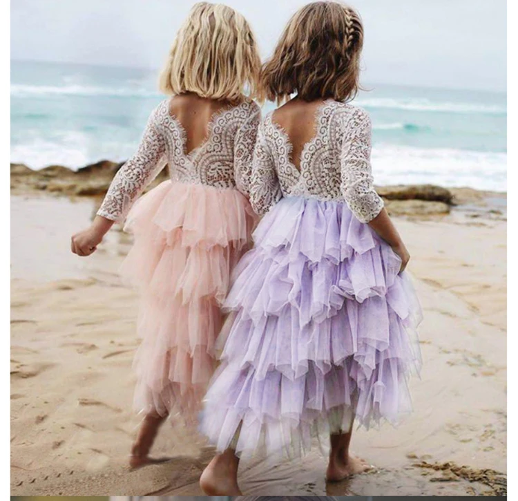 Vestido de Moda a Céu Roupas para Crianças Rendas de Manga Vestido de Princesa Meninas Aberto Quinzena Comprida Menina Branco 20 Meninas vestido de moda a céu aberto