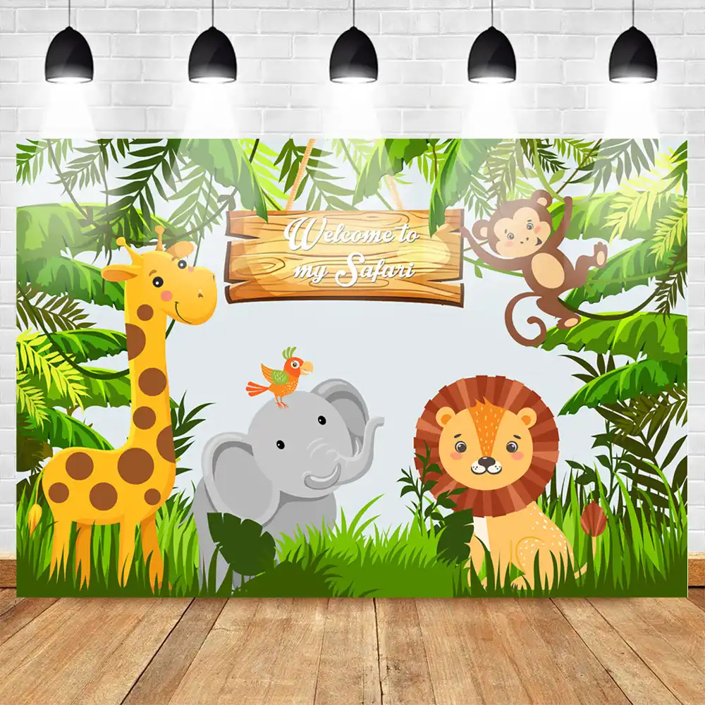 Jungle Animals Photo Backdrop Elephant Lion Zebra Birthday Vinyl Backdrop Safari Happy Birthday Banner Sign Zoo Birthday Banner
