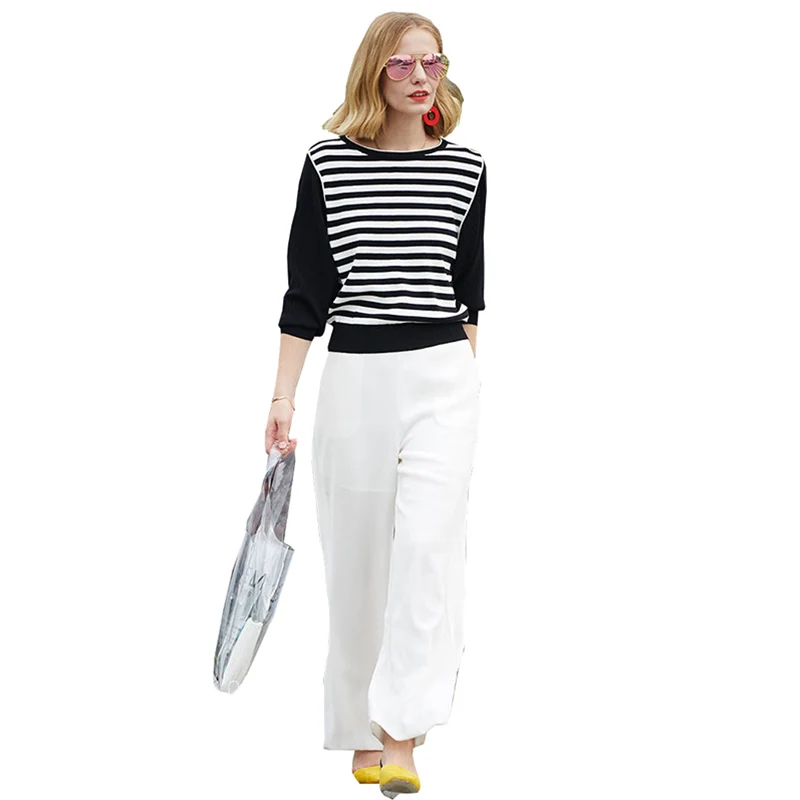 Spring Round neck Striped Knit Sweater Fashion and elegant White Sweater 2019 Brand Design black Spring Knitting Sweater woman Spring Round neck Striped Knit Sweater Fashion and elegant White Sweater 2019 Brand Design black Spring Knitting Sweater woman