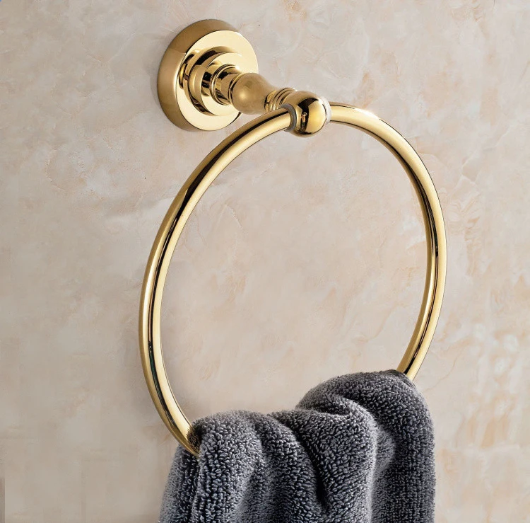 Gold Polished Towel Holder Carved Towel Ring Copper Wall Mounted Towels Holders Gold Bathroom