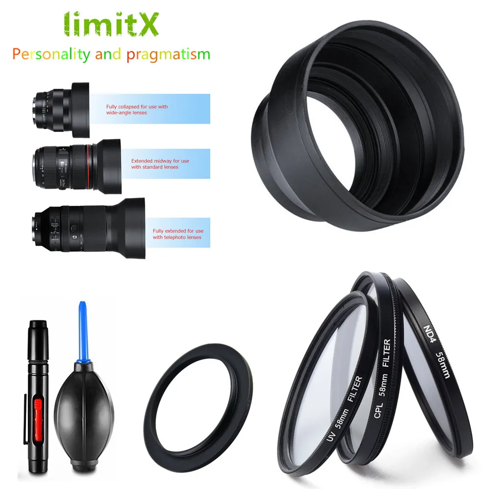 Filter kit UV CPL ND4 + Lens Hood + Cap + Cleaning pen + Adapter Ring + Air Blower for Nikon