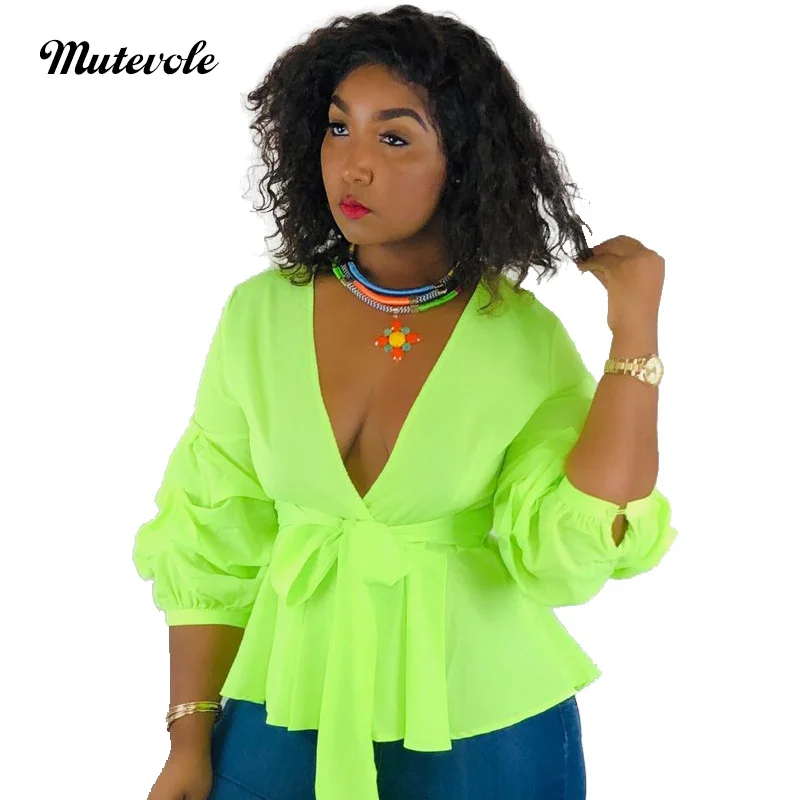 

Mutevole Women Chiffon Puff Sleeve Deep V Neck Blouse Casual Solid Color Shirt Blouses Belt Summer Elegant Sexy Party Blouse Top