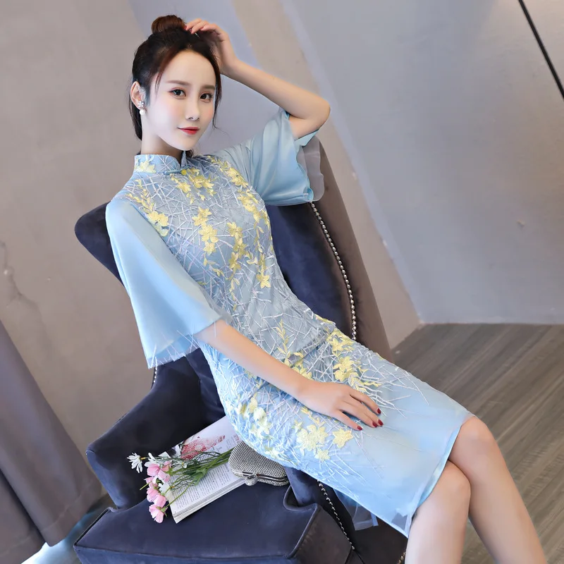 Серое Платье До Колена Cheongsam винтажное китайское кружевное платье Qipao женские летние элегантные тонкие Вечерние платья Vestido Размеры s m l xl XXL