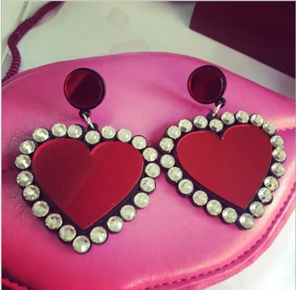 

Big Acrylic Red Heart Shaped With rhinestone stud earring cute peach heart Women Night Club Singer Jewerly Accessories