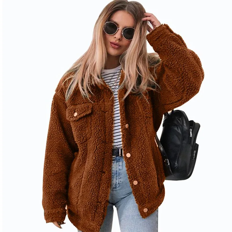 

2019 New Women Jacket with Faux Fur Autumn Winter Warm Coat Loose Plus Size Female Jacket Turn-down Collar Brown Long Outerwear