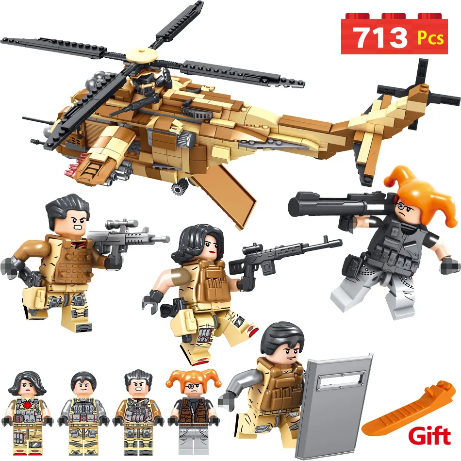 

New Guns and Weapons Figures Blocks Compatible Military Technic Armed Helicopter Desert Bricks Toys For Children