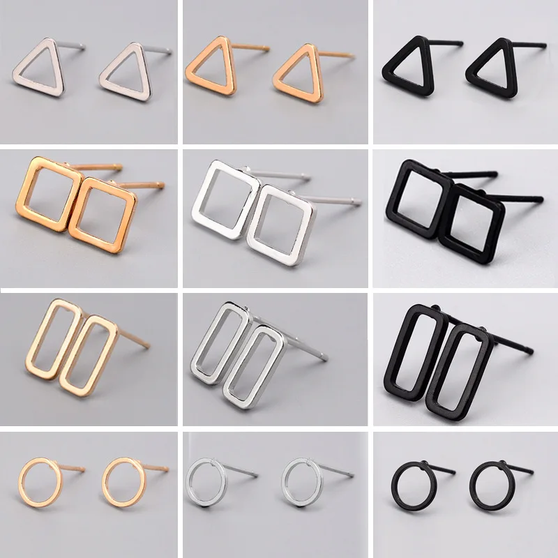 

Trendy Hollow Triangle Round Square T Bar Shaped Alloy Stud Earrings For Women Sliver Gold Black Ear Jewelry