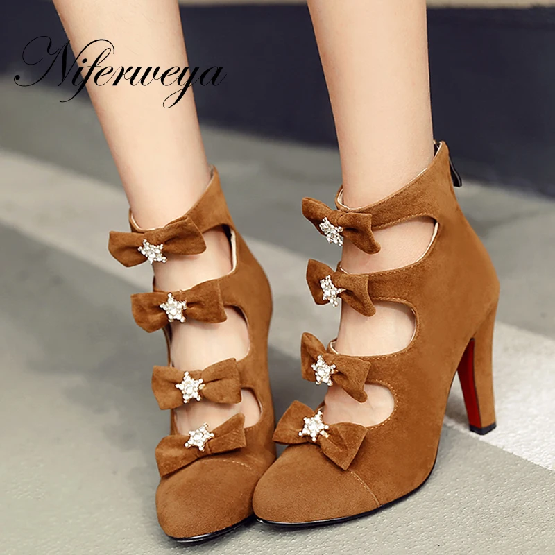 Spring Autumn pumps Sexy Round Toe red women wedding shoes bowknot decoration big size 34 48