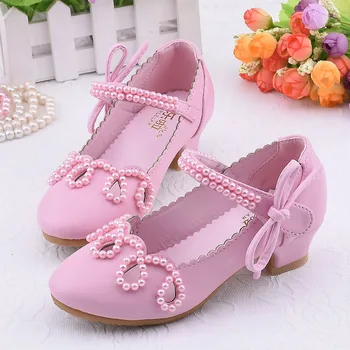 

Summer New Children Princess shoes Spring Kids Girls Wedding Shoes Pearl High Heels Dress Party Shoes For Girls Leather Bowtie