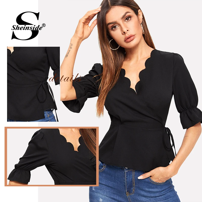Sheinside, женская блузка с v-образным вырезом и отделкой из черного гребешка, лето, уличная одежда, одноцветные блузки с коротким рукавом, женский элегантный топ