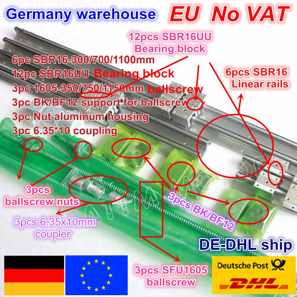 

6PCS linear SBR16 L-300/700/1100mm & 3set Ballscrew SFU RM1605-350/750/1150mm with Nut & 3set BK/B12 & Coupling