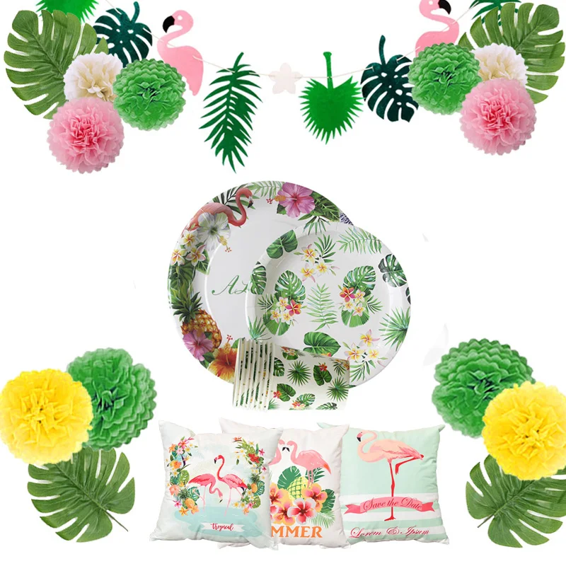 

Hawaiian Summer Birthday Party Disposable Tableware Flamingo Palm Leaves Paper Plate Cup Napkin Tropical Wedding Event Party