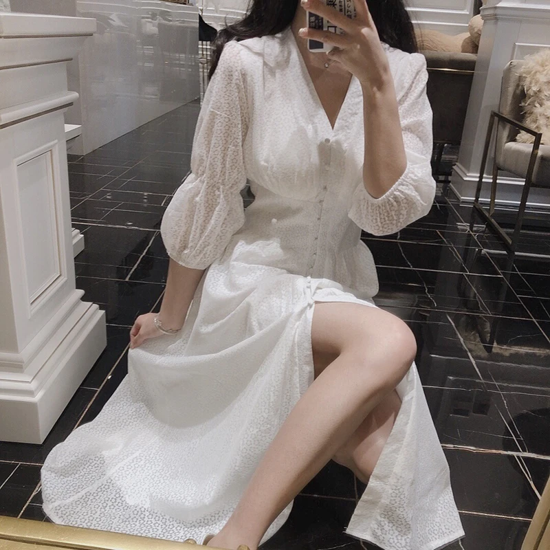 

OMG! One Piece Little Flower White Dress Slim Waist V Neck Princess Puff Sleeve Buttons Up Long Dress Robe Longue Vestido Fiesta