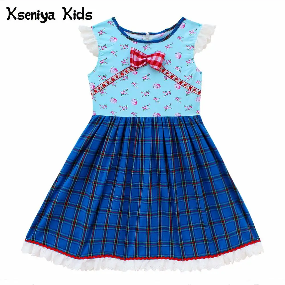 

Kseniya Kids Summer Cute Girl Dress Floral Flower Print Plaid Bow Girl Casual Lace 2-12 Years Dress For Baby Girl Designer Dress