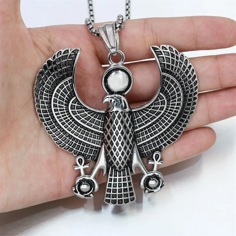 

316 Titanium Stainless Steel Men Necklace Vintage Egyptian Horus Bird Falcon Holding Ankh Hiphop Hawk Eagle Pendant Necklace