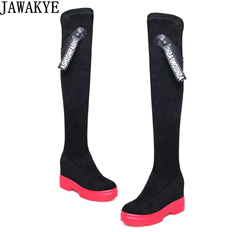 

JAWAKYE Designer Stretch Suede Over The Knee Boots Womens 8 cm platform wedge heels winter Thigh High Boots bota feminina