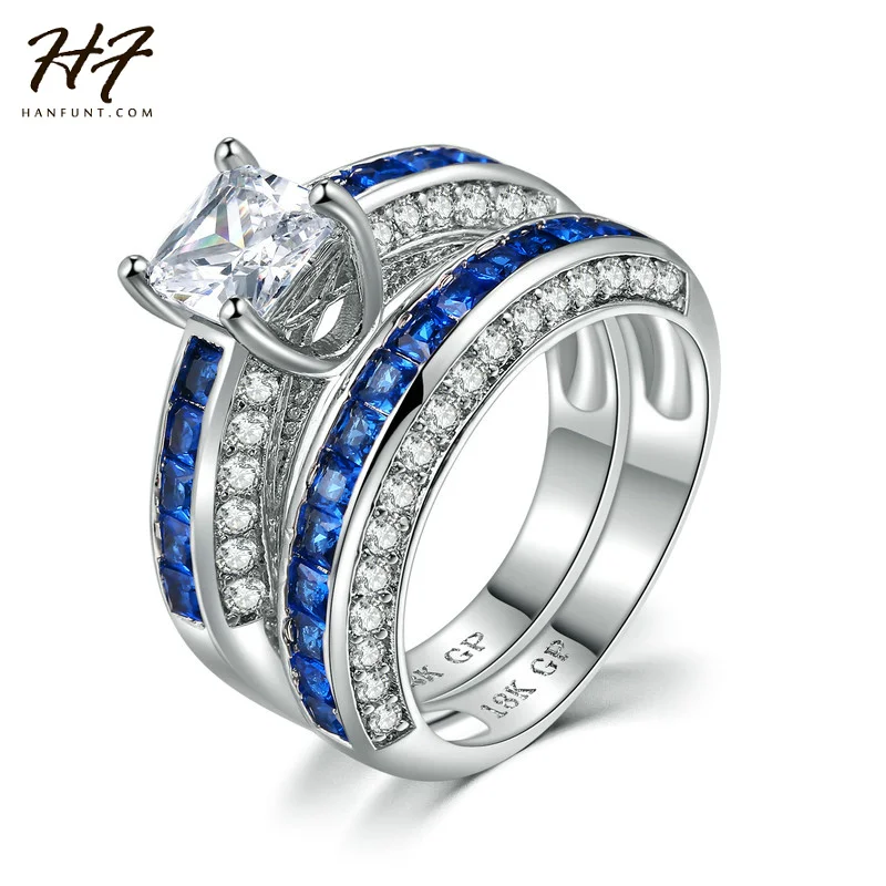 

2016 New Silver Color Square Blue CZ Stone Ring Sets Luxury Design Trendy Rings Full Size Fashion Jewelry HotSale R693