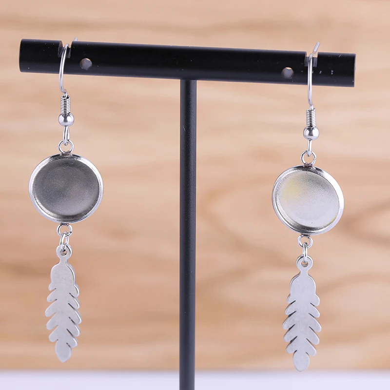 

shukaki 5pairs stainless steel feather pendant earring base 12mm dia blank cabochon bezel settings for earrings making