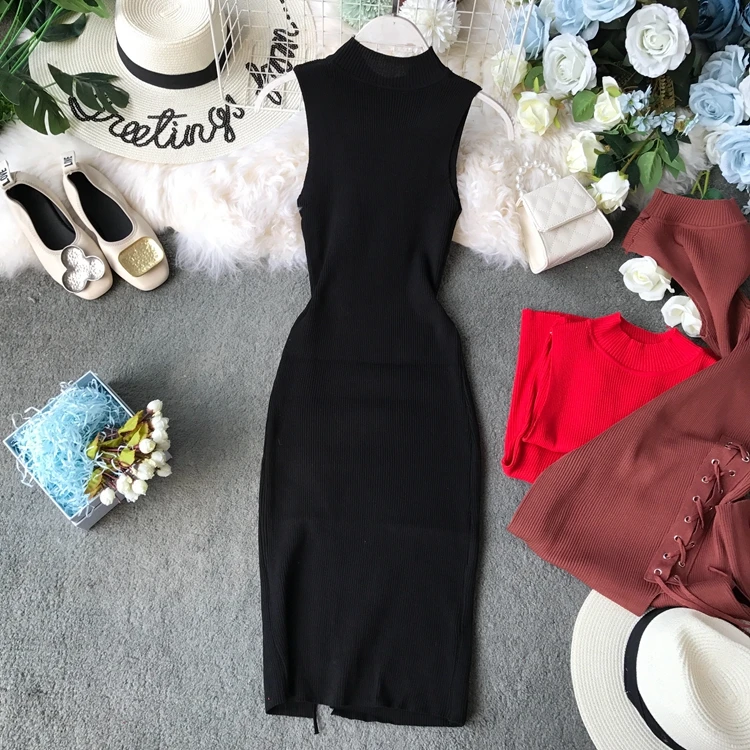 Женское трикотажное платье ALPHALMODA облегающее без рукавов на шнуровке Осеннее