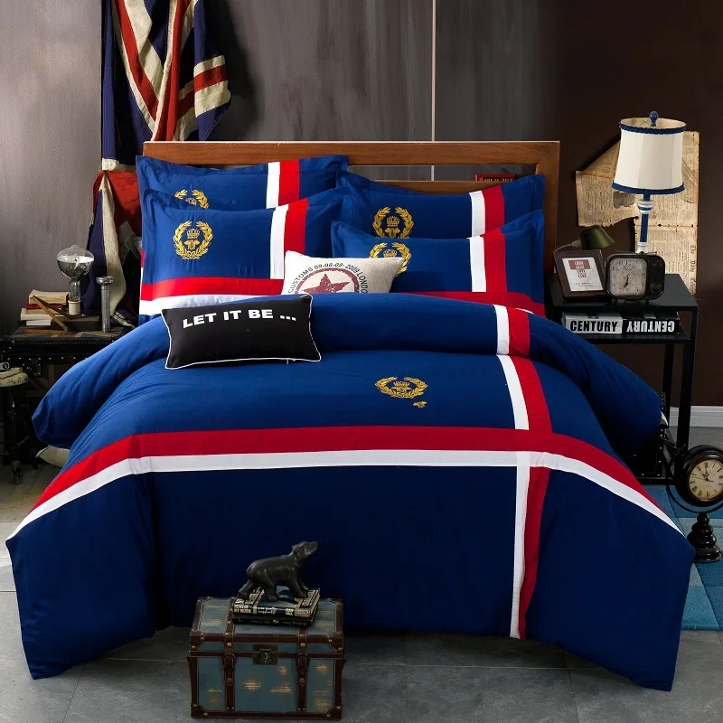 

100%Cotton British Badge Embroidered Satin Bedding Set Duvet Cover Bed Sheet Pillowcase Bed Linen Full Queen King size