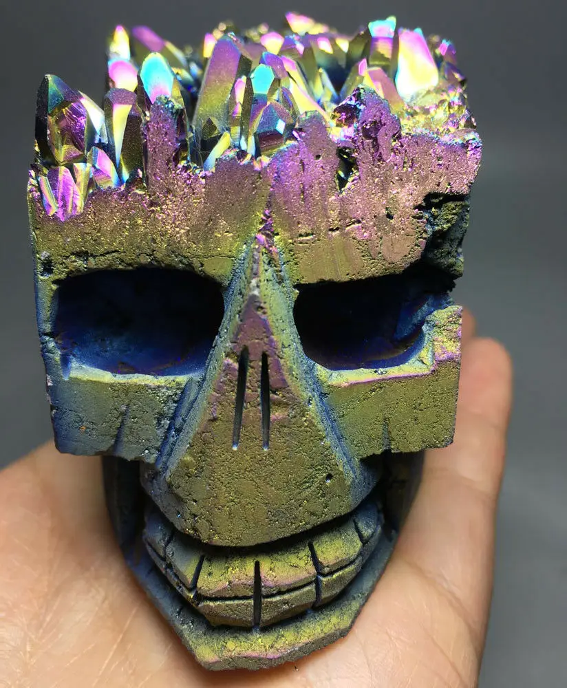 

464g PURPLE & BLUE Aura Natural Carving Skull Titanium Silicon Rainbow CRYSTAL crystals healing stones