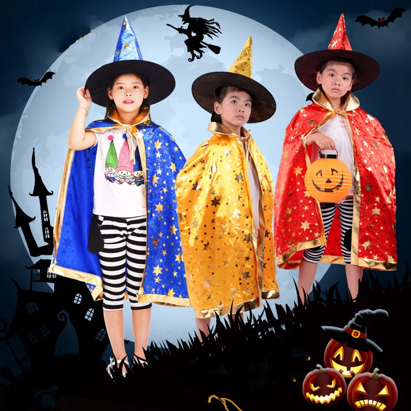 

100cm - 150cm Children Wear Wizard Clothes Witch Cloak & Hat 2PCS Set 5 Stars Magician Cape Suit for Halloween Holiday Parties