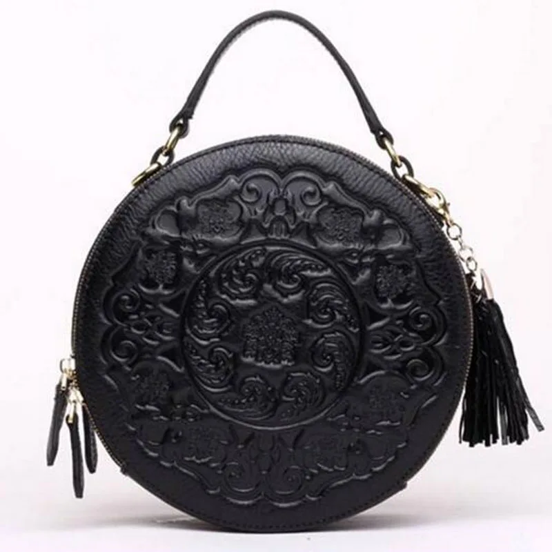 Женская сумка на плечо с ручкой сверху, натуральная кожа, повседневная, тисненая, в китайском стиле, с кисточками, сумка-тоут, через плечо, круговая сумка - Цвет: Black