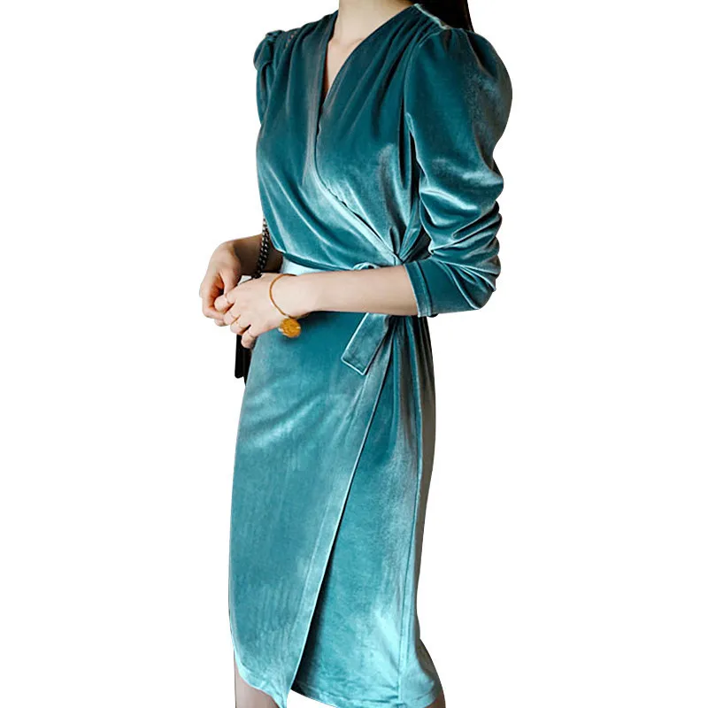 

JSXDHK High Quality Korean Fall Winter Dress Women Long Sleeve Bodycon Velvet Tie Bow Sheath Ladies Sexy V Neck Party Dress