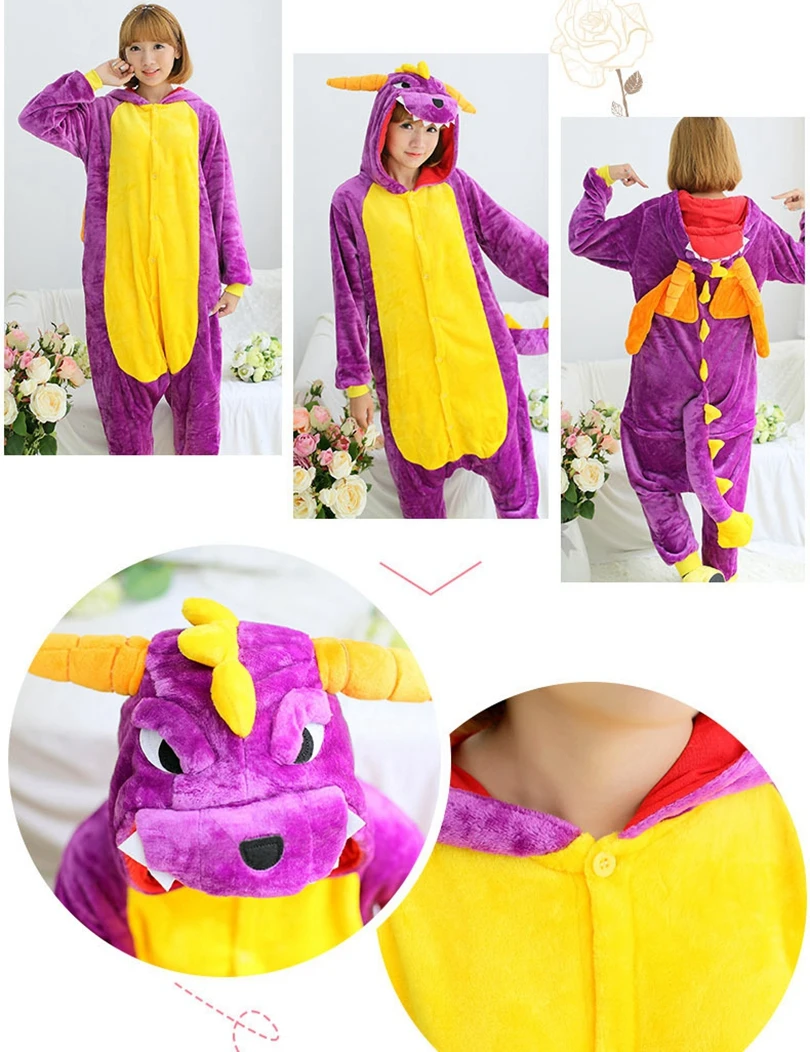 Животные кигуруми фиолетовый дракон динозавр костюм Взрослый Дети Onesie фланель Хэллоуин Женщины аниме-комбинезон Маскировка цельный костюм