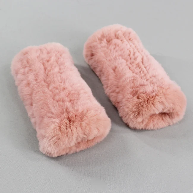 Настоящий мех кролика перчатки зимние женские ручной вязки теплые Рекс кроличий мех зимние варежки без пальцев Варежки - Цвет: dark pink