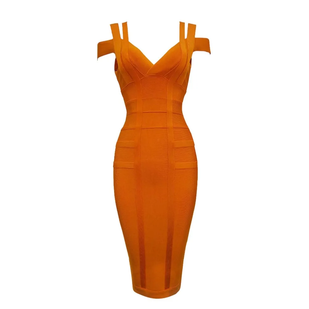 Однотонные женские бандажные платья на тонких бретельках, открытые платья без рукавов до колена с v-образным вырезом для ночного клуба, женское платье Vestidos - Цвет: Orange