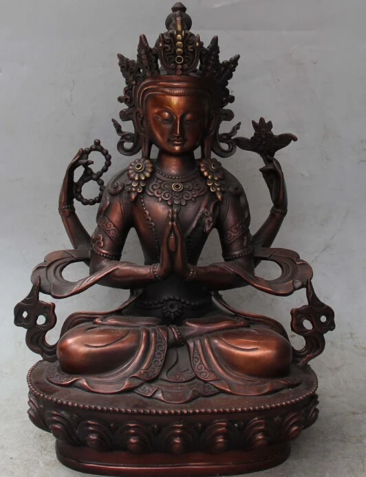 

12" Chinese Bronze 4 Hands 4 Arms Chenrezig Buddha Avalokiteshvara Buddha Statue