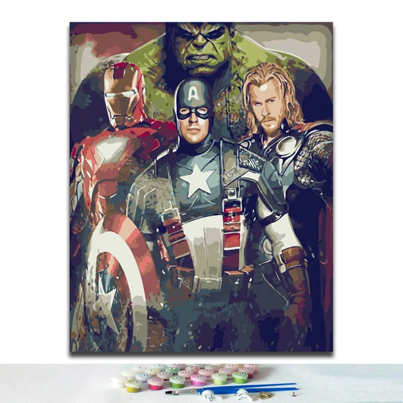 

DIY paints by numbers figure The Avengers Super hero Captain America iron Man flash Hulk Raytheon picture paintings