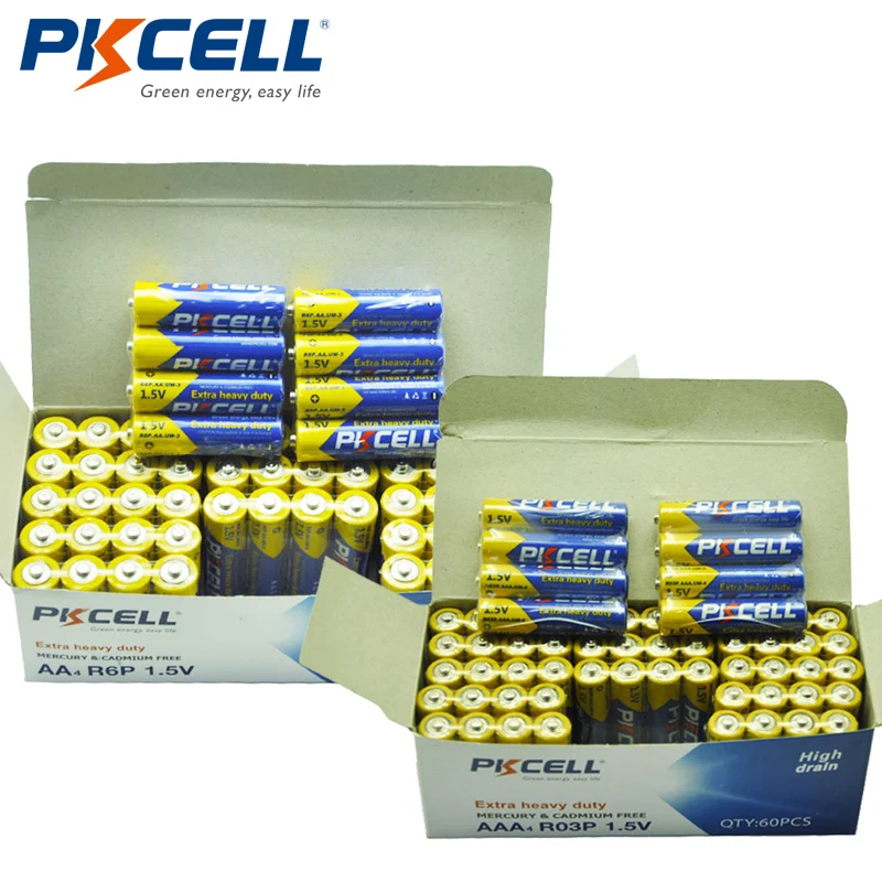

(120 piece combo pack) PKCELL 1.5V Extra Heavy Duty Battery -60 AA R6P+ 60 AAA R03P Carbon-Zinc Single Use Dry Batteries